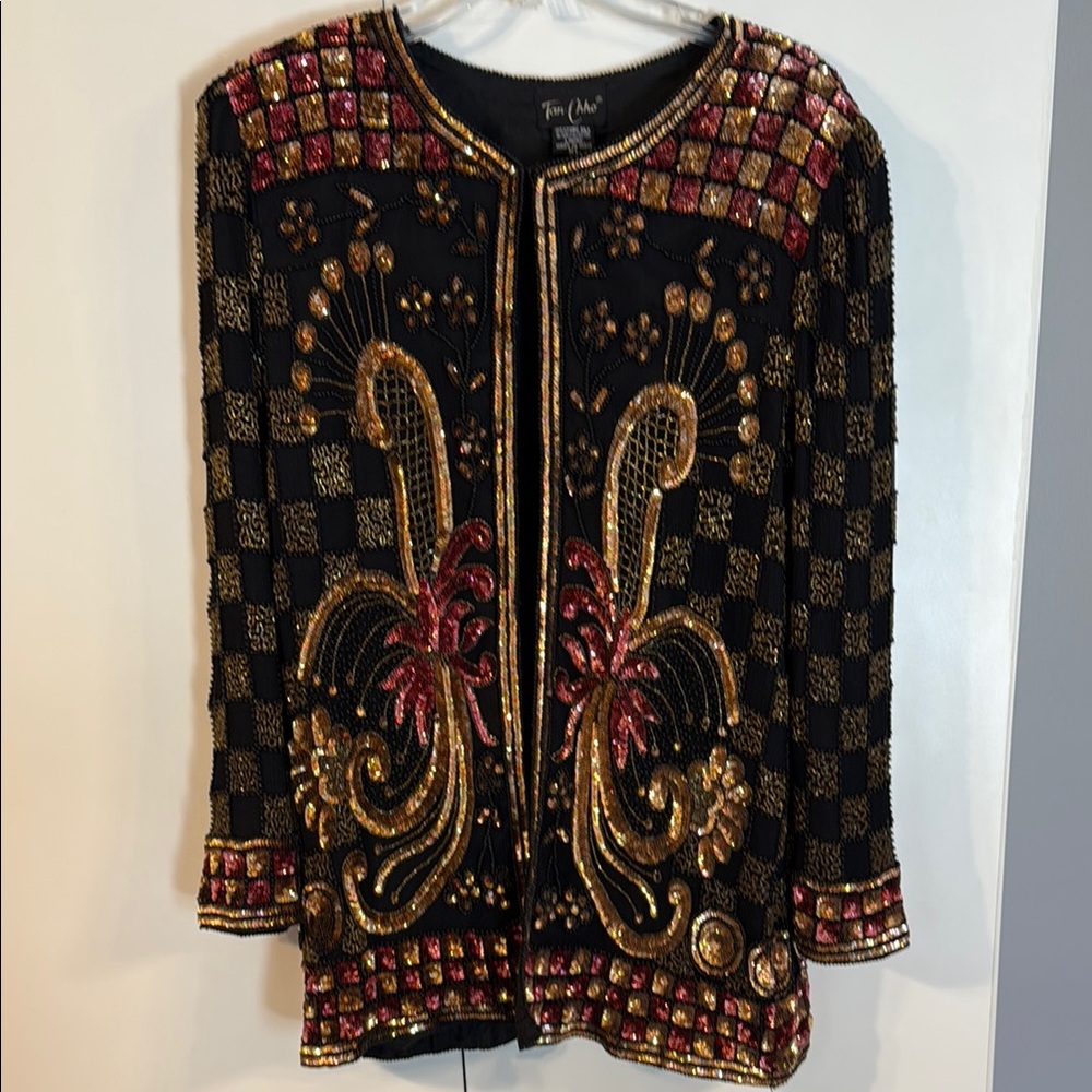 Black, Gold, Pink, Sequin and Beaded Embellished Blouse with Mandarin Collar
